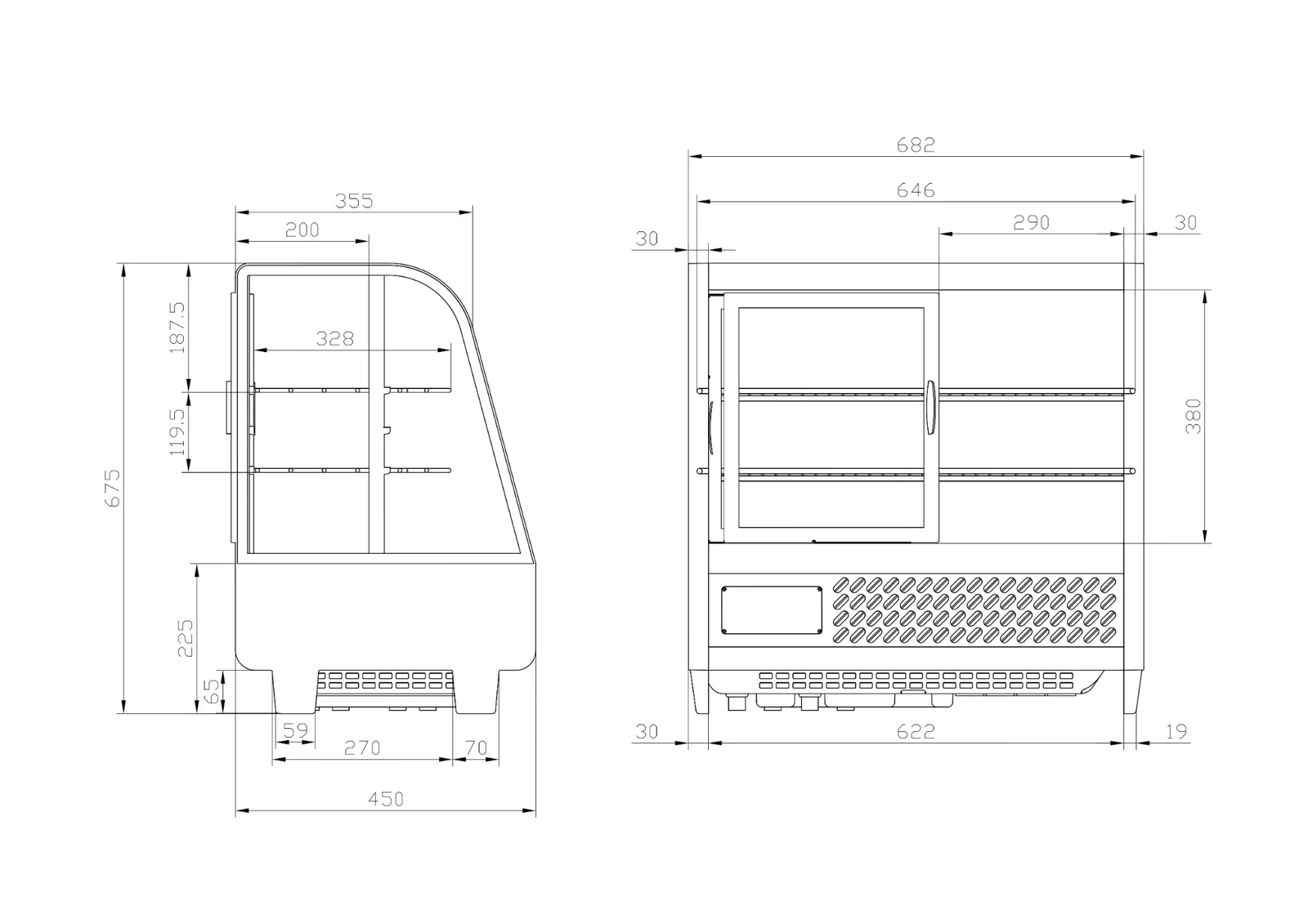 Witryna chłodnicza nastawna z oświetleniem LED, 100 l, 682x450x675 mm | TECHNICA, Cold Line