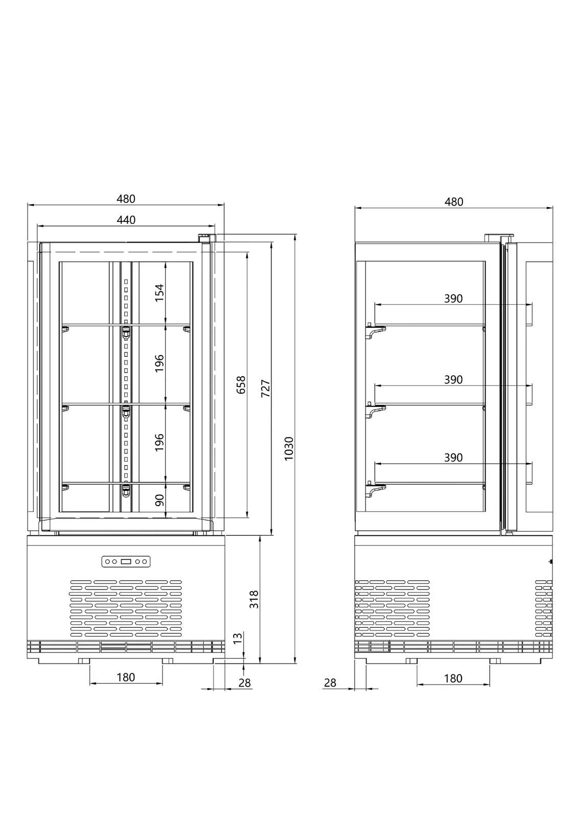 Witryna chłodnicza nastawna z oświetleniem LED, okrągła, 100 l, ⌀480x1030 mm | TECHNICA, Cold Line