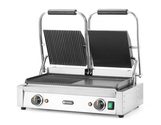 Grill kontaktowy podwójny, 1/2 gładki, 1/2 ryflowany, 3,6 kW, 230 V, 575×430×510 mm | HENDI, 263907
