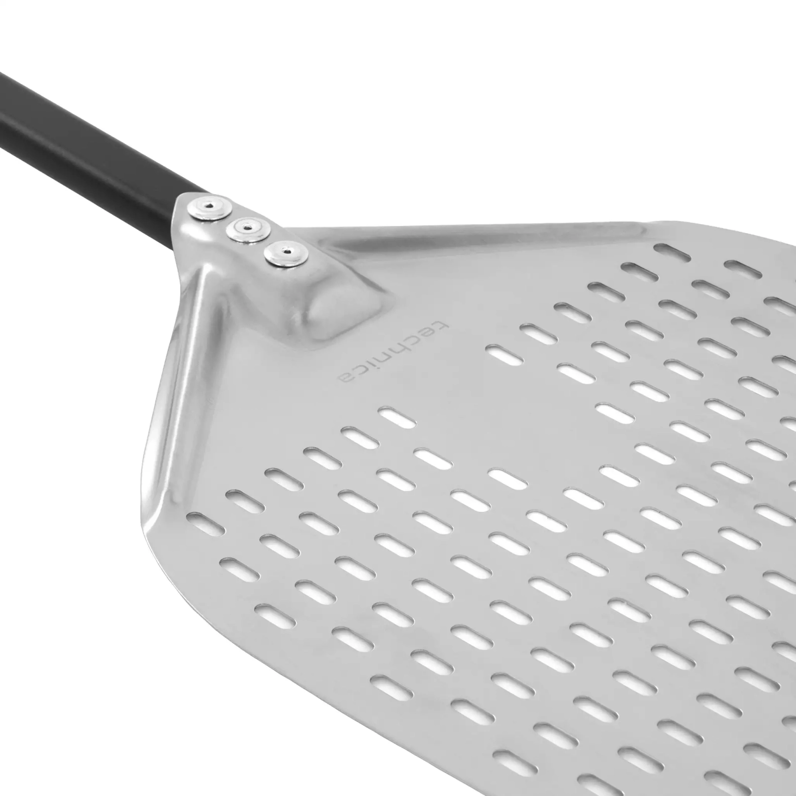 Perforowana łopata do pizzy ze stali nierdzewnej z aluminiowym uchwytem, kwadratowa, 310x355x660 mm | TECHNICA, Pizza Line
