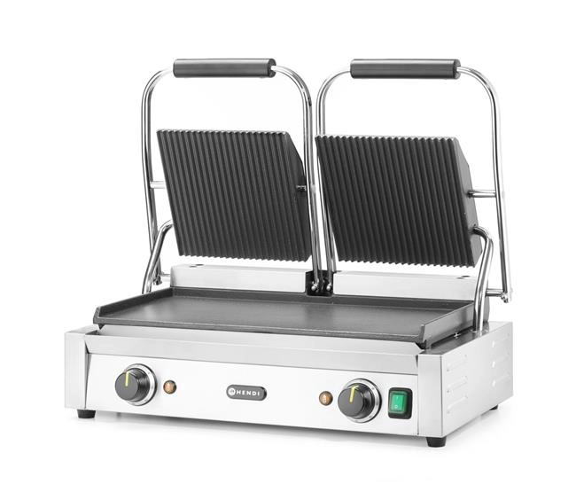 Grill kontaktowy podwójny, góra ryflowana, dół gładki, 3,6 kW, 230 V, 570×395×510 mm | HENDI, 263808