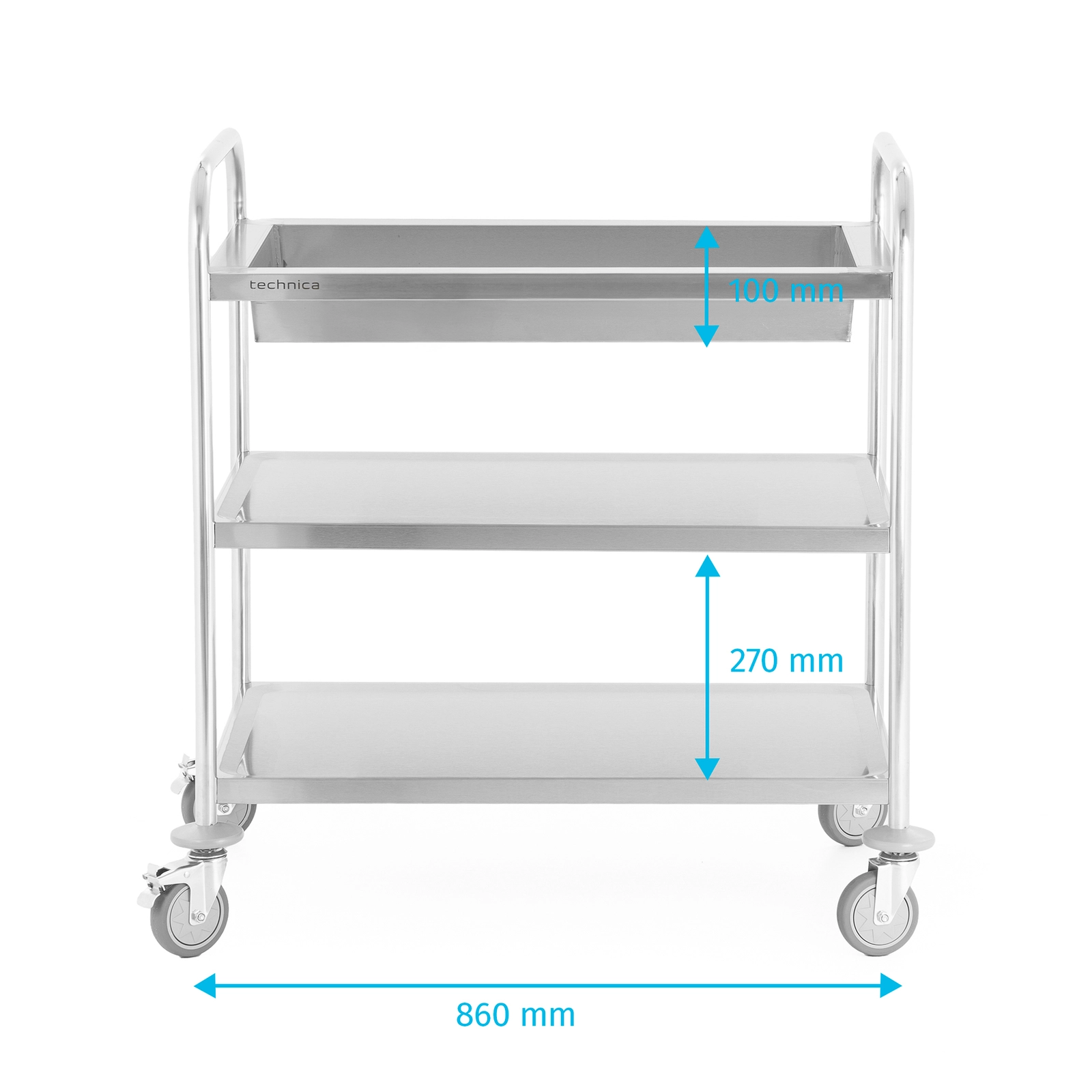 Wózek kelnerski 3-półkowy z głęboką półką ze stali nierdzewnej, uchwyt o profilu okrągłym, 860x540x940 mm | TECHNICA, Silver Line