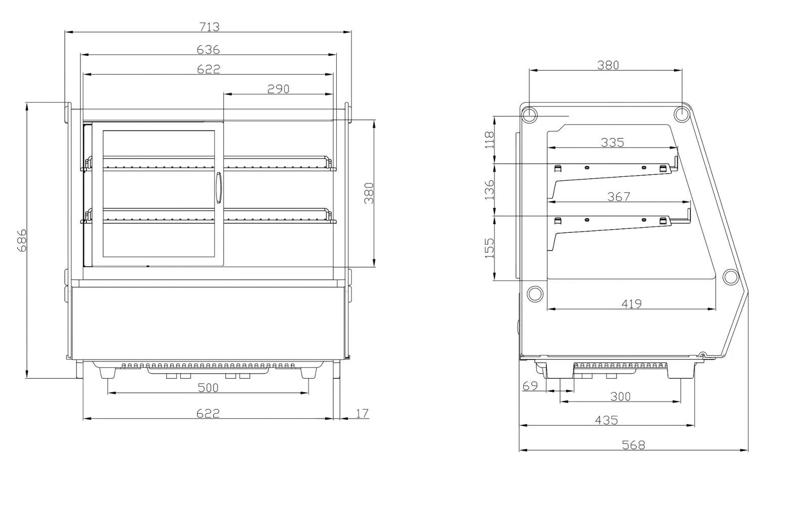 Witryna chłodnicza nastawna z oświetleniem LED, otwierana z obu stron, 125 l, 702x568x686 mm | TECHNICA, Cold Line