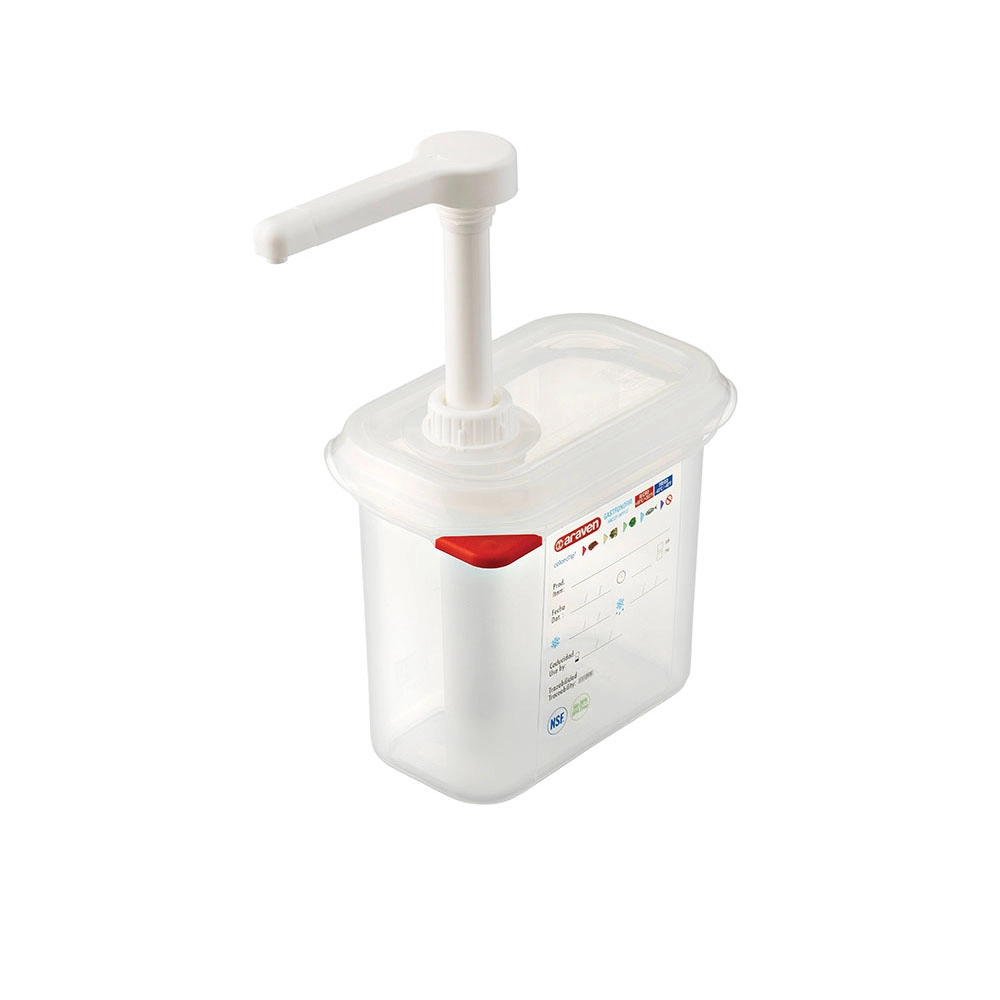 Dozownik do sosów GN 1/9 z pompką, 1,5 l z polipropylenu | ARAVEN, 065169