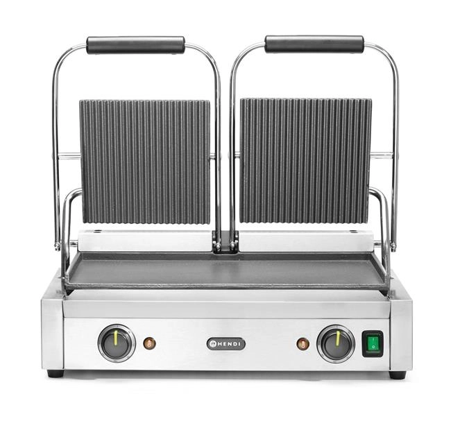 Grill kontaktowy podwójny, góra ryflowana, dół gładki, 3,6 kW, 230 V, 570×395×510 mm | HENDI, 263808