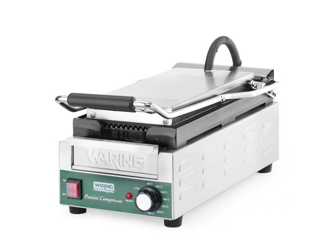 Grill kontaktowy Panini Compresso Slimline, ryflowany, 1,8 kW, 220–240 V, 317×596×260 mm | WARING, WPG200E