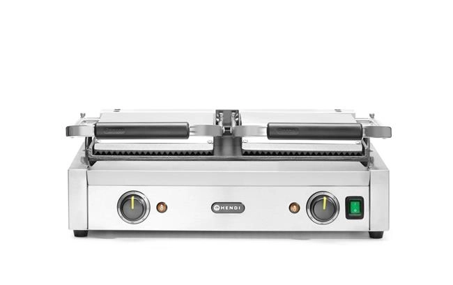Grill kontaktowy podwójny, góra ryflowana, dół gładki, 3,6 kW, 230 V, 570×395×510 mm | HENDI, 263808