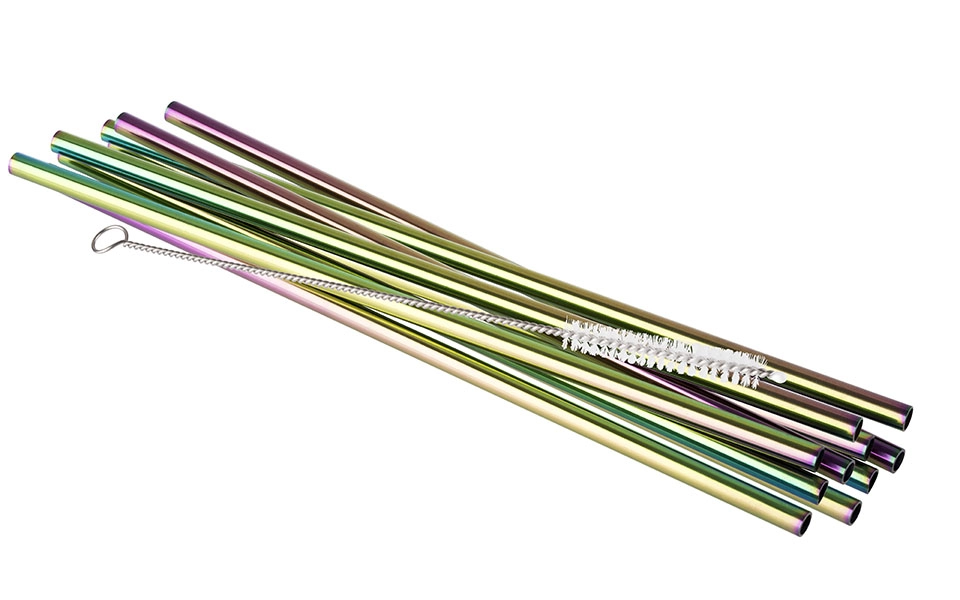Komplet 10 słomek ⌀6 mm, tęczowe + szczotka do czyszczenia | APS, 93382