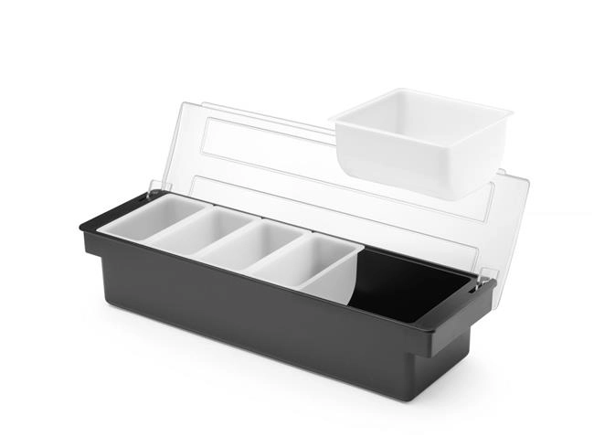 Pojemnik barmański na dodatki do drinków z 5 wkładami z polipropylenu, czarny, 480x150x100 mm | BARUP, 552131