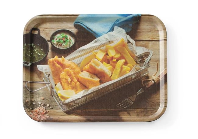 Taca do serwowania 330x430 mm z nadrukiem "Tasty Fish & Chips", antypoślizgowa | HENDI, 508022