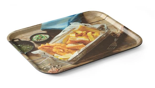 Taca do serwowania 330x430 mm z nadrukiem "Tasty Fish & Chips", antypoślizgowa | HENDI, 508022