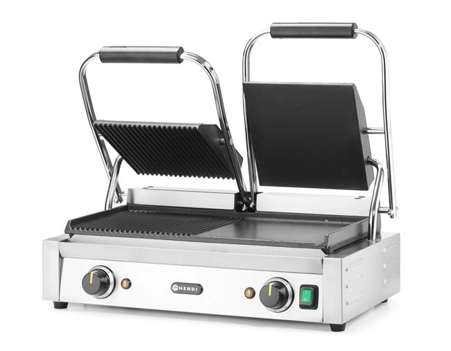 Grill kontaktowy podwójny, 1/2 gładki, 1/2 ryflowany, 3,6 kW, 230 V, 575×430×510 mm | HENDI, 263907