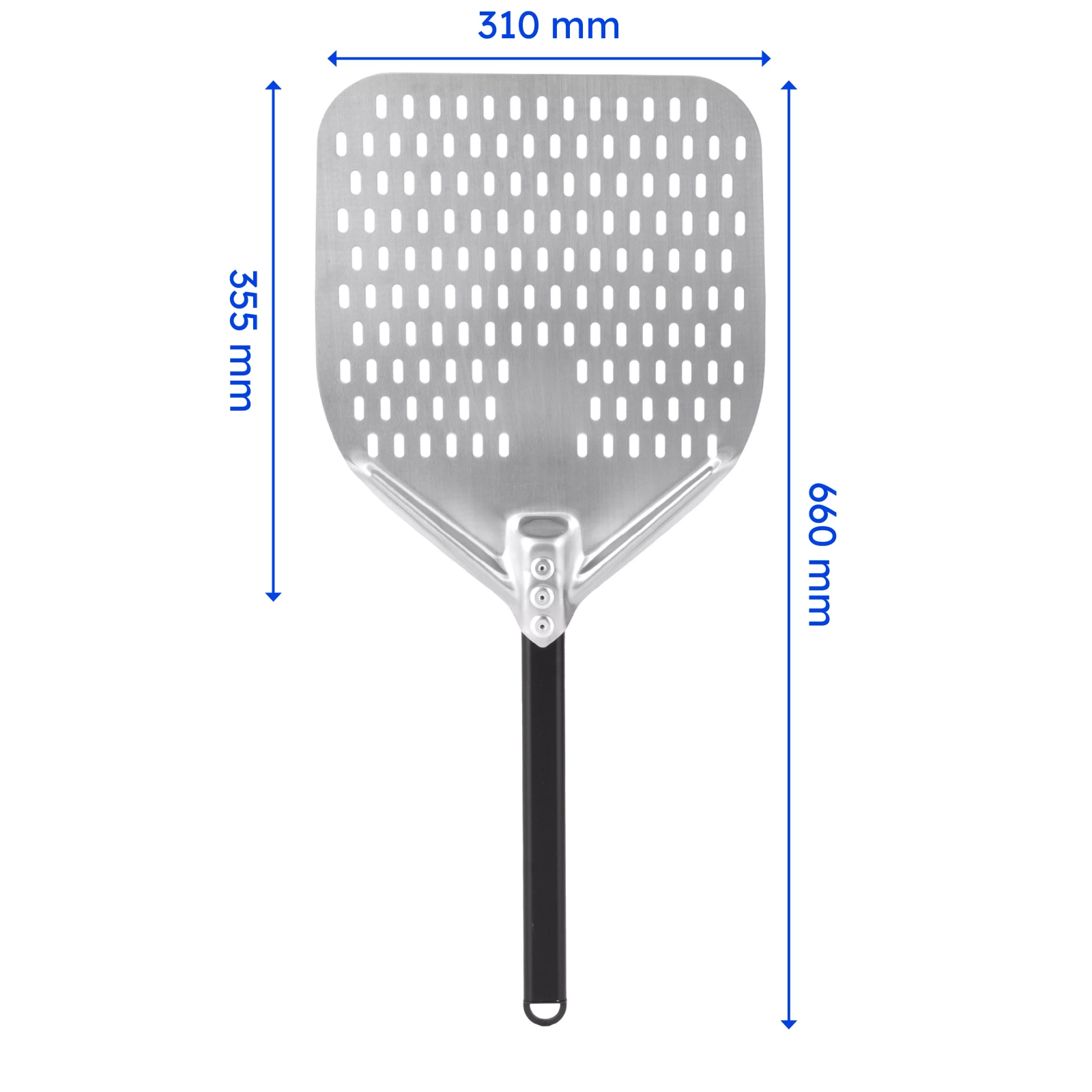 Perforowana łopata do pizzy ze stali nierdzewnej z aluminiowym uchwytem, kwadratowa, 310x355x660 mm | TECHNICA, Pizza Line