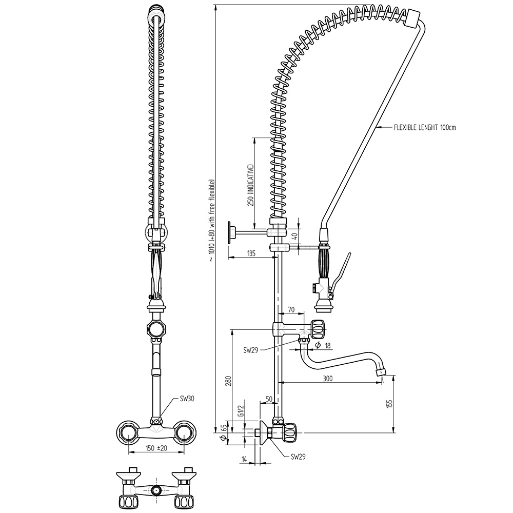 Napełniacz z wylewką, 2-otworowy, montowany do ściany, ze spryskiwaczem | MONOLITH, 651543