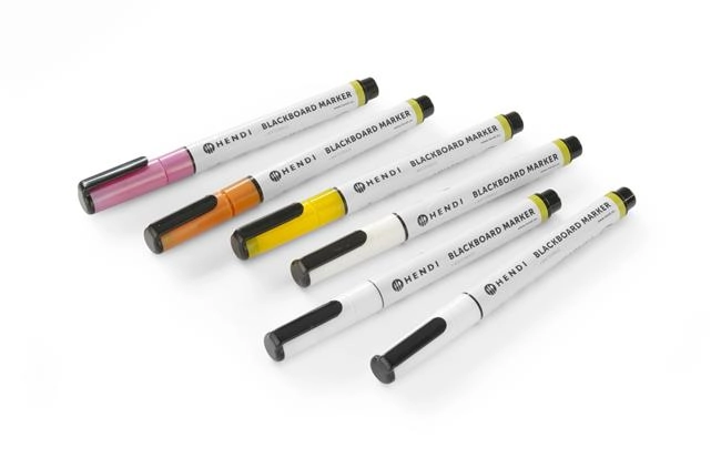 Markery do tablicy z wąską końcówką 1 mm, zestaw 6 szt. (3 białe, 1 różowy, 1 żółty, 1 brązowy) | HENDI, 664285