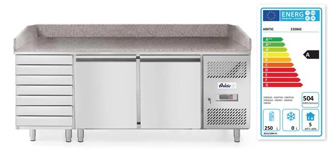 Stół chłodniczy do pizzy 2-drzwiowy z 7 szufladami i blatem granitowym, 250 l, 230V, 0,25 kW, 2020x802x1000 mm | ARKTIC, 232842