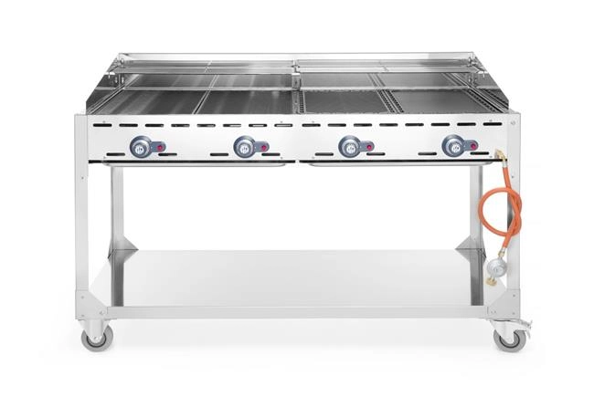 Grill gazowy Green Fire 4-palnikowy 22 kW, podstawa z półką na kółkach, 1400x612x825 mm | HENDI, Profi Line