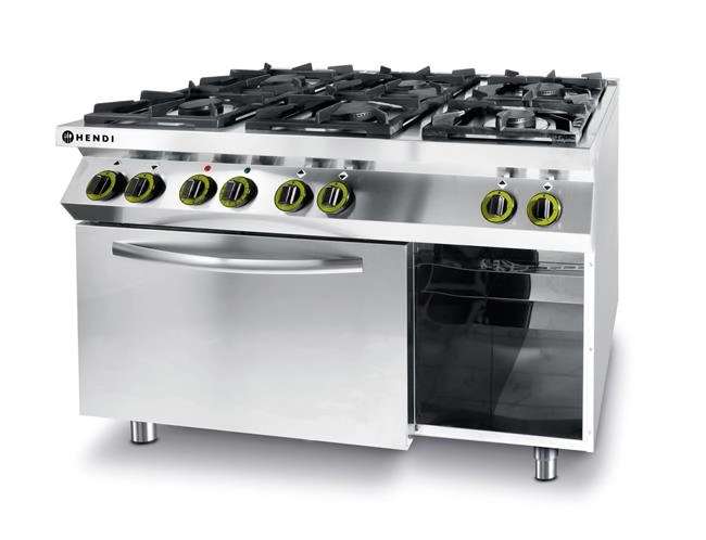 Kuchnia gazowa 6-palnikowa z piekarnikiem konwekcyjnym GN 1/1, 28,5 kW + 3,0 kW, 230 V, 1200×722×900 mm | HENDI, Kitchen Line 225899