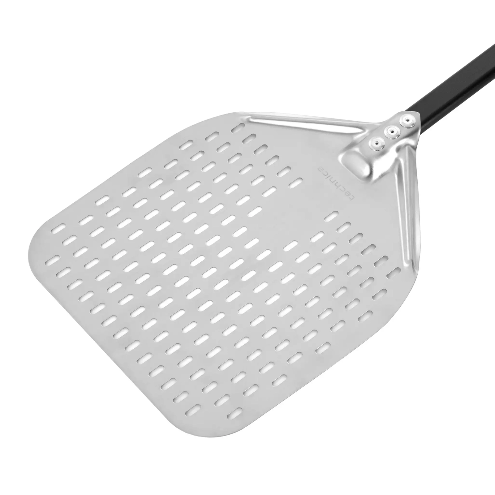 Perforowana łopata do pizzy ze stali nierdzewnej z aluminiowym uchwytem, kwadratowa, 310x355x660 mm | TECHNICA, Pizza Line