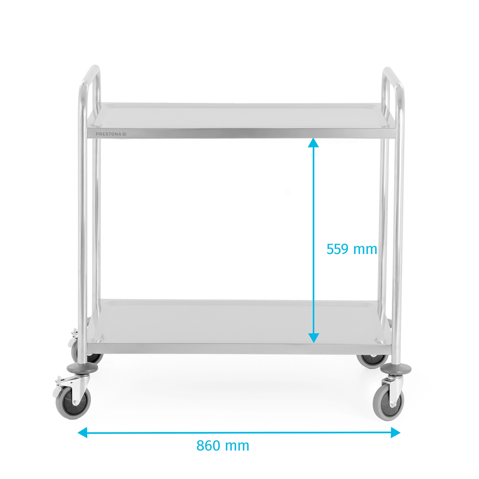 Wózek kelnerski 2-półkowy ze stali nierdzewnej, profil okrągły, 860x540x940 mm | PRESTONA, 810175