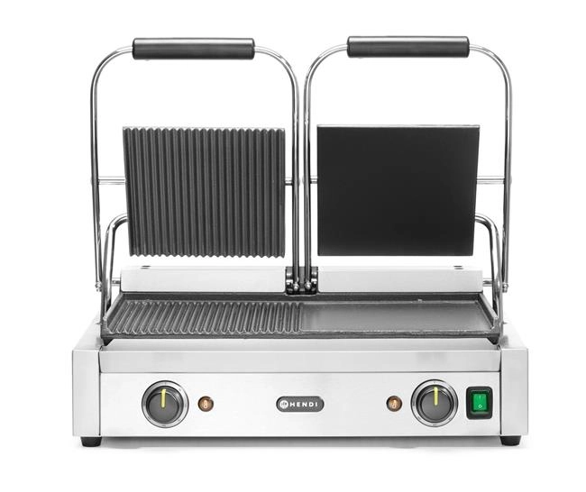 Grill kontaktowy podwójny, 1/2 gładki, 1/2 ryflowany, 3,6 kW, 230 V, 575×430×510 mm | HENDI, 263907