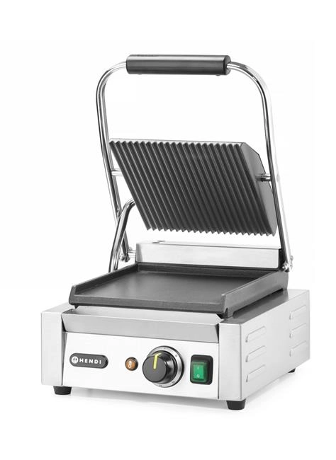 Grill kontaktowy pojedynczy, góra ryflowana, dół gładki, 1,8 kW, 230 V, 310×400×210 mm | HENDI, 263600