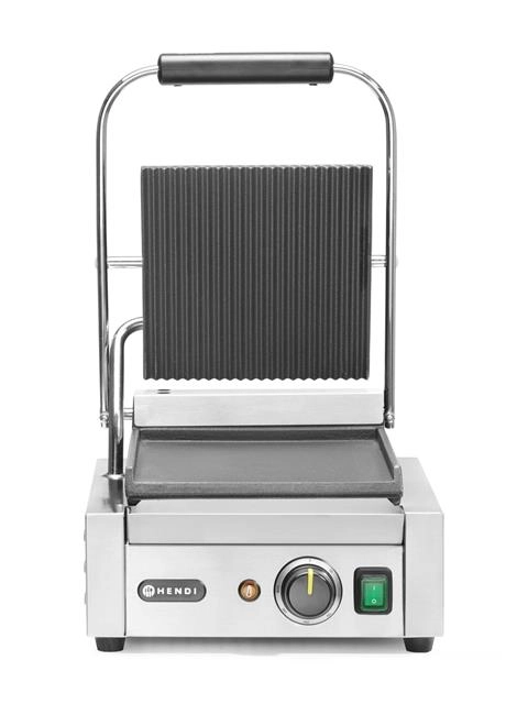 Grill kontaktowy pojedynczy, góra ryflowana, dół gładki, 1,8 kW, 230 V, 310×400×210 mm | HENDI, 263600