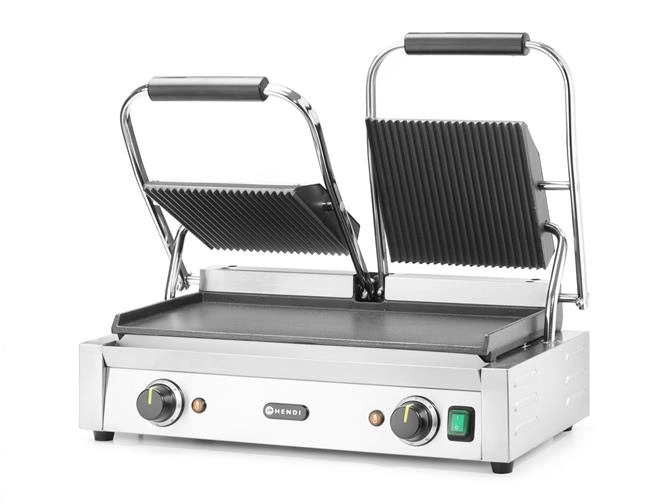 Grill kontaktowy podwójny, góra ryflowana, dół gładki, 3,6 kW, 230 V, 570×395×510 mm | HENDI, 263808
