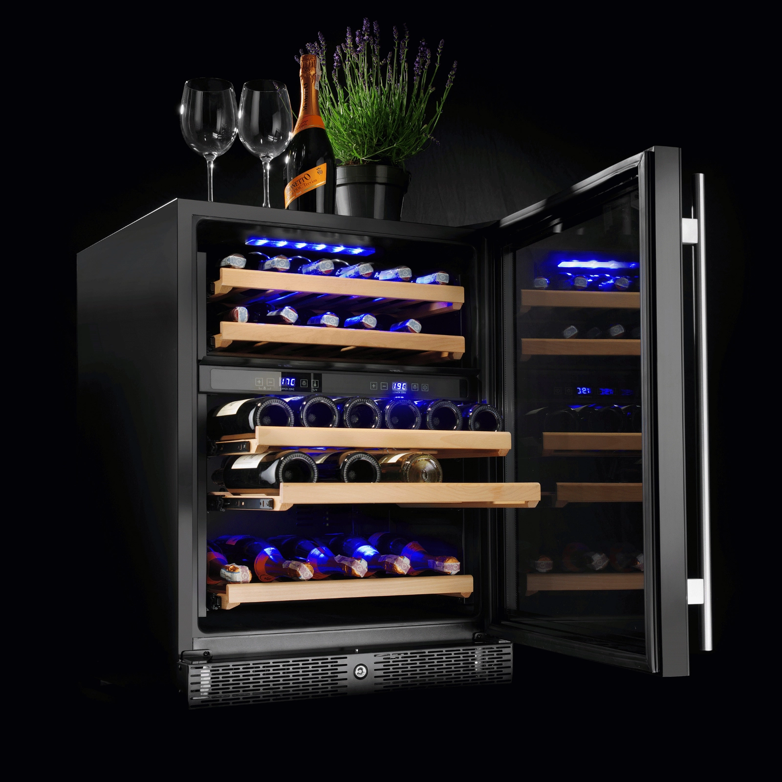 Chłodziarka do wina Aurora, 46 butelek, 133 l, czarna, ze stali nierdzewnej, 595×680×1805 mm, 90 W | BARMATIC, 237663