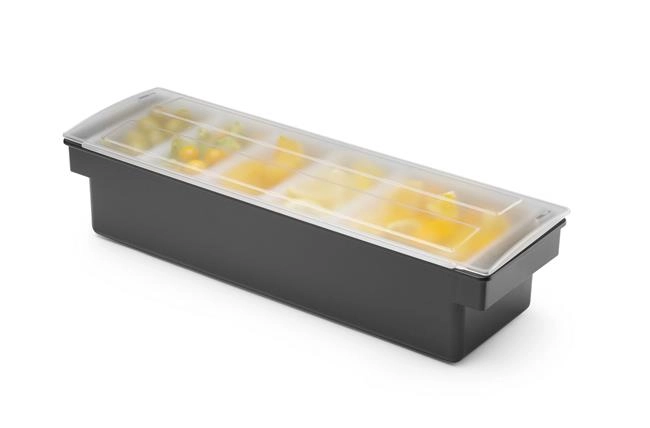 Pojemnik barmański na dodatki do drinków z 5 wkładami z polipropylenu, czarny, 480x150x100 mm | BARUP, 552131