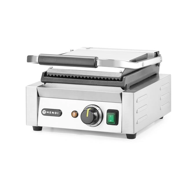 Grill kontaktowy pojedynczy, góra ryflowana, dół gładki, 1,8 kW, 230 V, 310×400×210 mm | HENDI, 263600