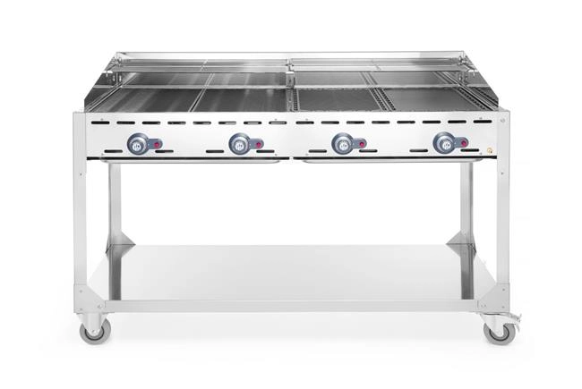 Grill gazowy Green Fire 4-palnikowy 22 kW, podstawa z półką na kółkach, 1400x612x825 mm | HENDI, Profi Line