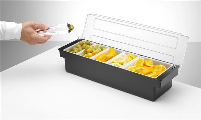 Pojemnik barmański na dodatki do drinków z 5 wkładami z polipropylenu, czarny, 480x150x100 mm | BARUP, 552131