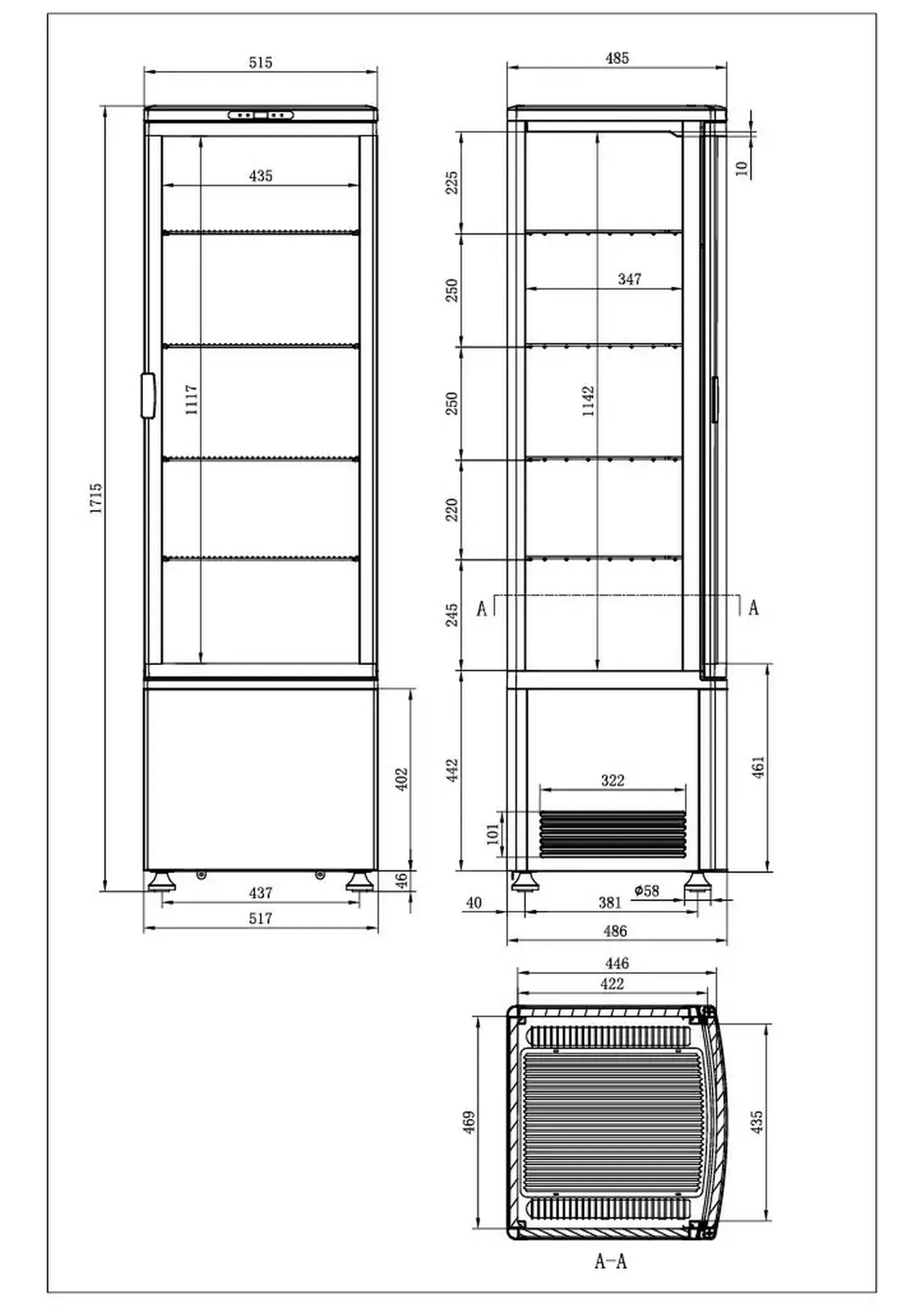 Witryna chłodnicza pionowa czarna z oświetleniem LED, 235 l, 515x485x1690 mm | TECHNICA, Cold Line